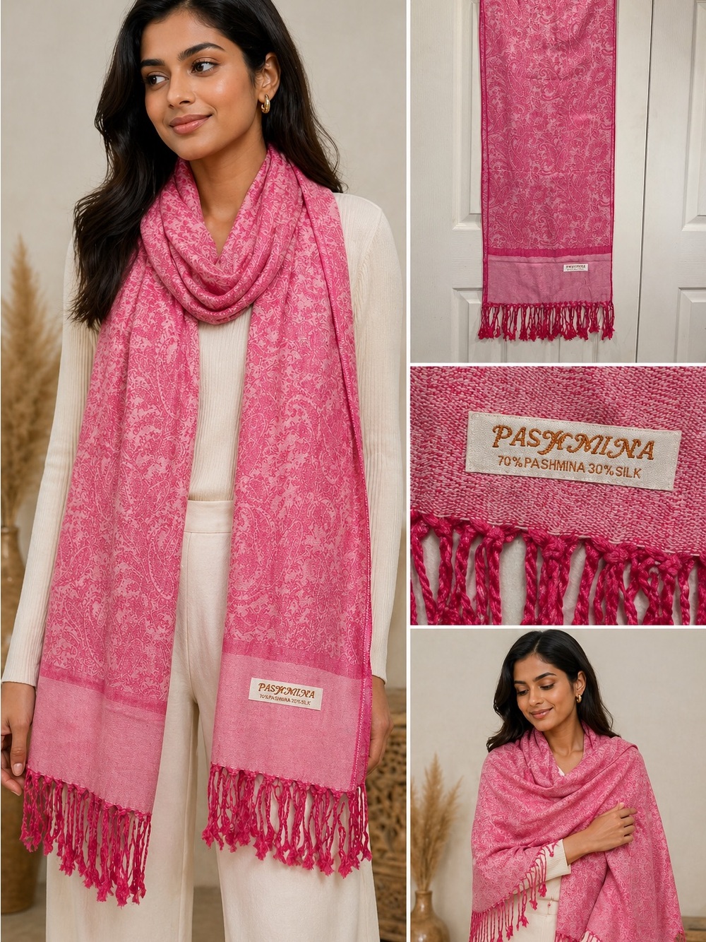 Pink Pashmina Silk Blend Scarf Shawl Paisley Fringe Wrap